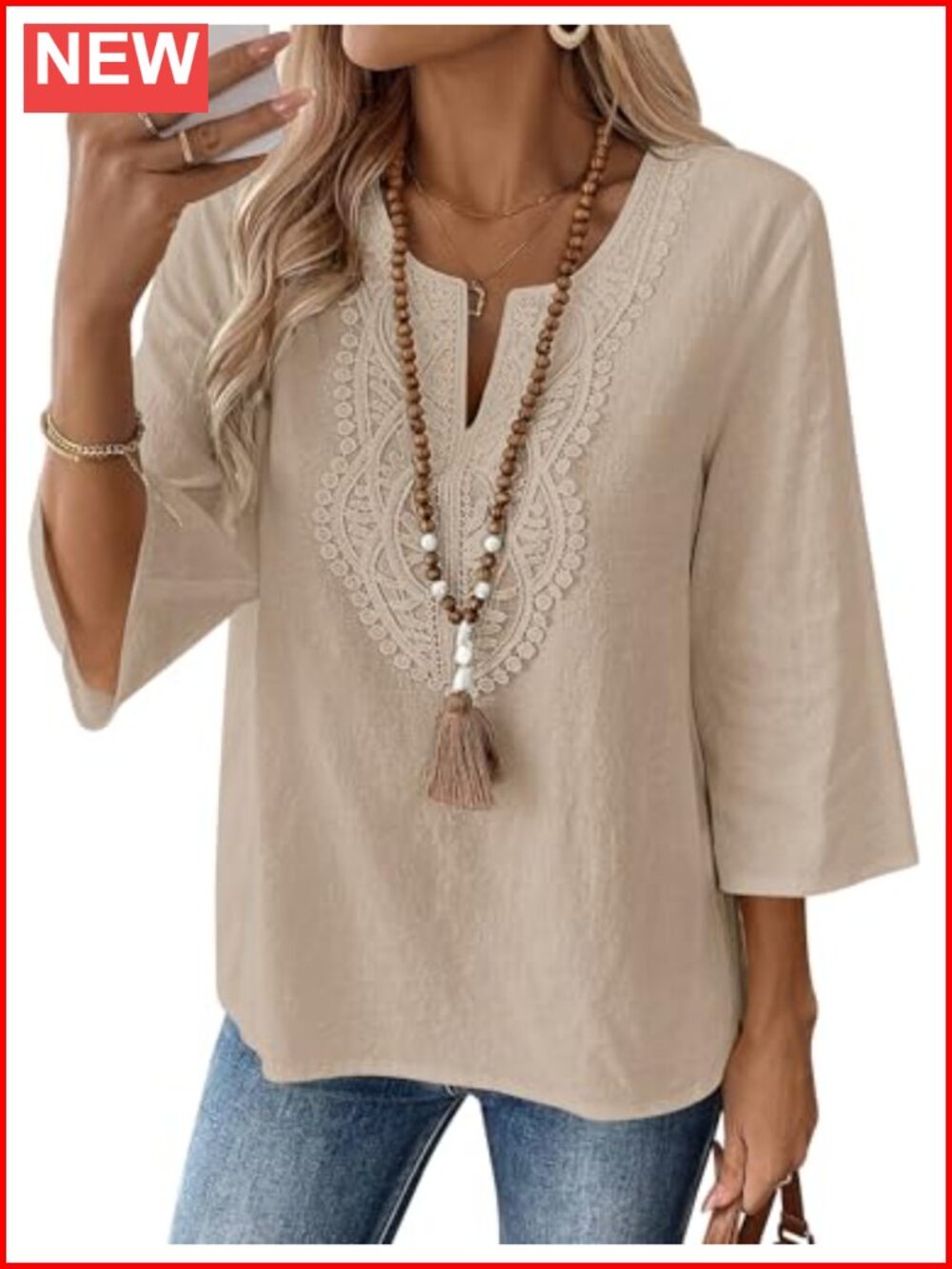 Linen Cotton 3/4 Sleeve V-Neck Peasant Top Loose Fit Tunic Blouse